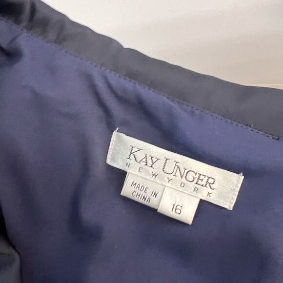 Kay Unger Navy Blue Satin Pleated 3/4 Sleeves Evening Dress Size 16 - Picture 8 of 11